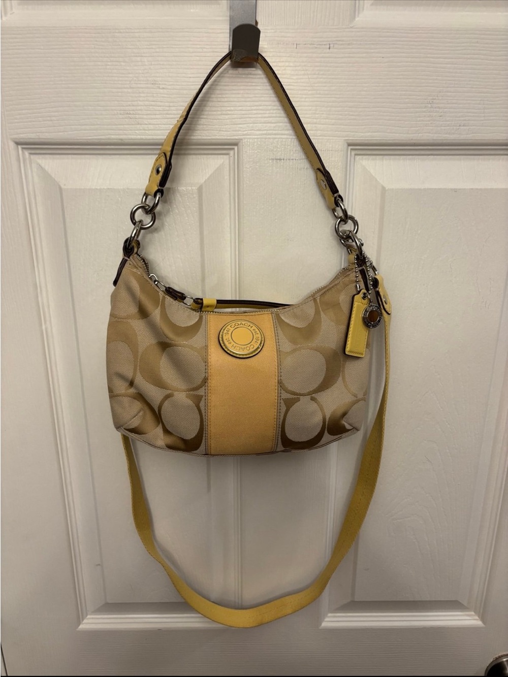 vintage Coach Signature Stripe Demi hobo/crossbody bag in yellow and tan jacquar